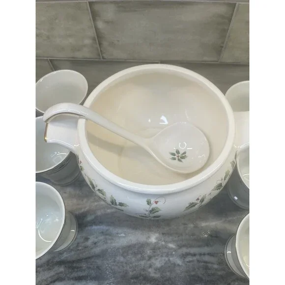 Vintage Royal Limited Holly Holiday Soup TUREEN w/Lid & Ladle AND 12 Cups Berry